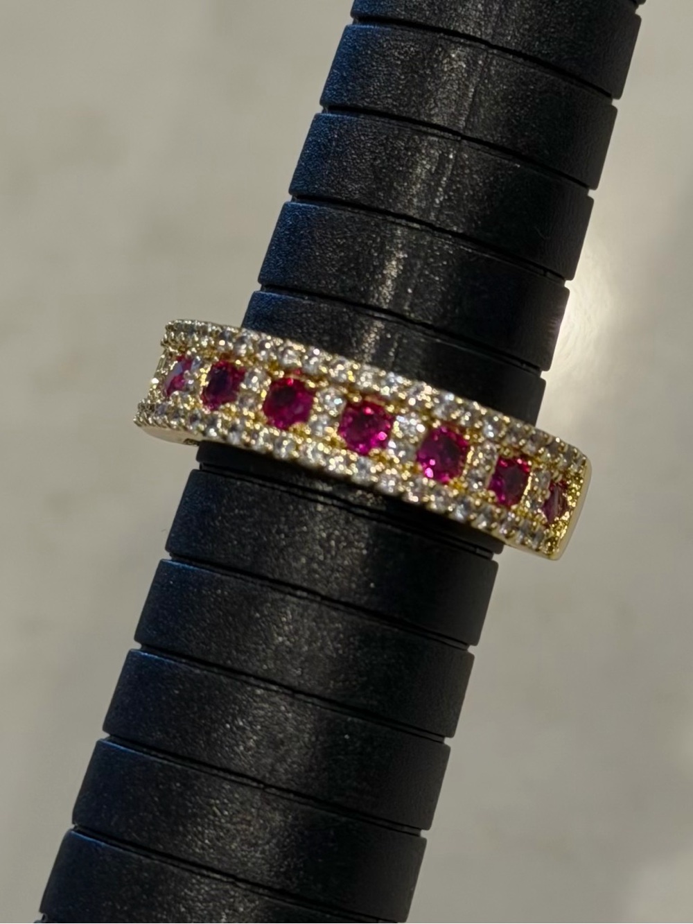 Adjustable Pink Crystal Eternity Band Ring | Gold Tone Rhinestone Ring